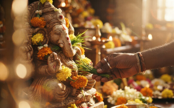 Devotee offering green grass and marigold flowers to clay Ganesha idol during Hindu worship ritual ceremony