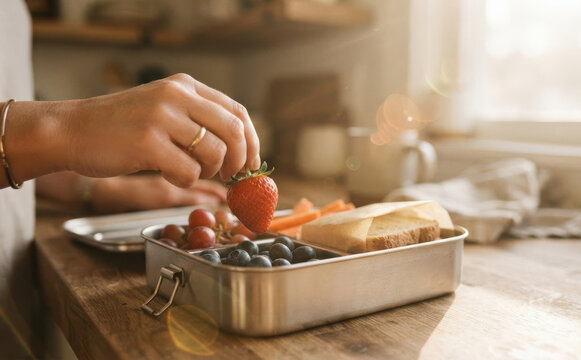 Healthy lunchbox preparation with fresh strawberries and blueberries in a modern kitchen setting