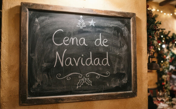 Cena de Navidad pizarra con mensaje en espanol para celebracion familiar de fiestas