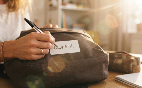 Young Caucasian female student writing name tag on her backpack preparing for school