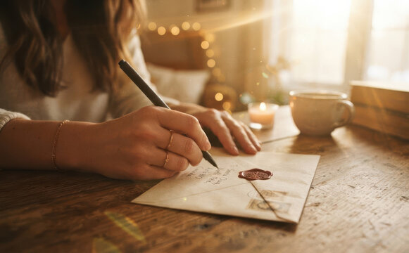 Young Caucasian woman writing a letter at a wooden desk with a cup of coffee and candle for cozy journaling concept
