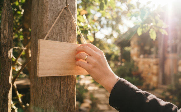 Woman touching blank wooden sign hanging on wooden post outdoor in sunlight concept for mock up template