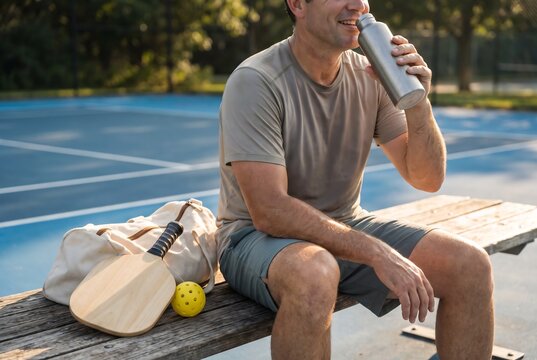 Athletic man drinking water on bench after pickleball match on outdoor court, sports hydration wellness concept