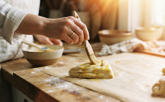 Woman baking delicious pastry in a rustic kitchen, brushing egg wash on puff pastry dough for baking concept