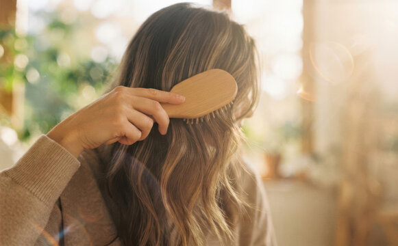 Young Caucasian woman brushing her long brown hair with a wooden hairbrush in a bright room