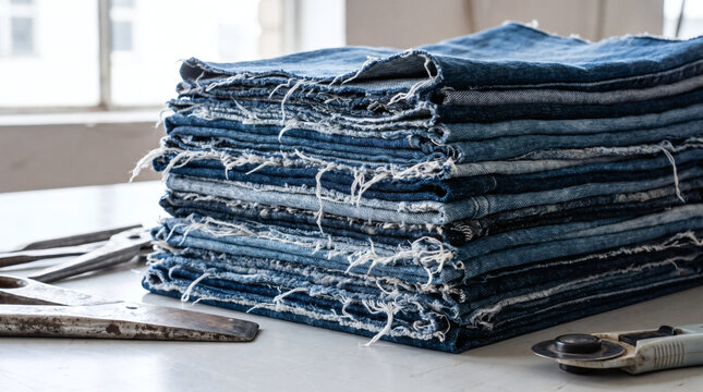 Stack of textured recycled denim fabric on industrial tailor cutting table