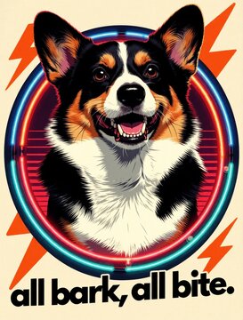 Cute corgi dog portrait with happy expression. Playful pet stands inside neon circle frame with retro style. Fun animal illustration features bright lightning bolts, bold text. Colorful graphic art