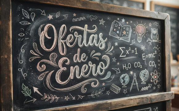 Ofertas de Enero pizarra escolar con tiza, promocion educativa y descuento especial para aprendizaje