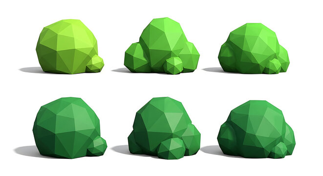 Low Poly Green Geometric Bushes Isolated on a Clean White Background Rendered with Soft Shadows Ideal for Game Assets and Nature Design