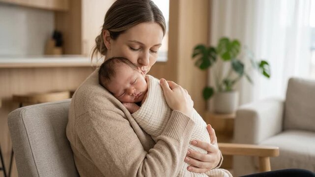 Mother holding sleeping newborn baby at home in cozy living room. Concept of postpartum care, maternal love and peaceful family bonding