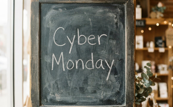 Cyber Monday cartel de pizarra para ofertas en tiendas y promociones de compras en linea y comercio electronico