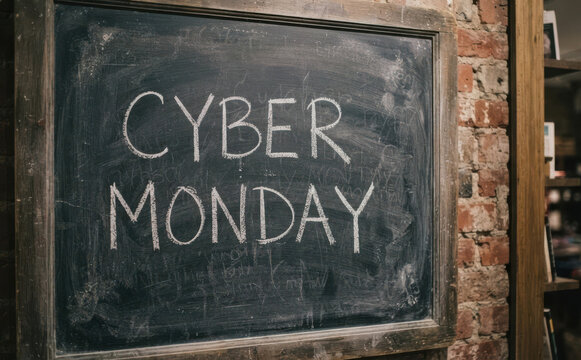 Cyber Monday cartel de pizarra con texto para promociones de compras en linea y ofertas