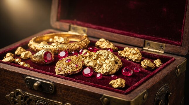 Antique wooden treasure chest filled with glittering gold nuggets precious rubies and ornate golden jewelry