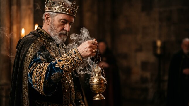 Medieval King in ornate robes holds a censer emitting smoke, symbolizing royalty and tradition