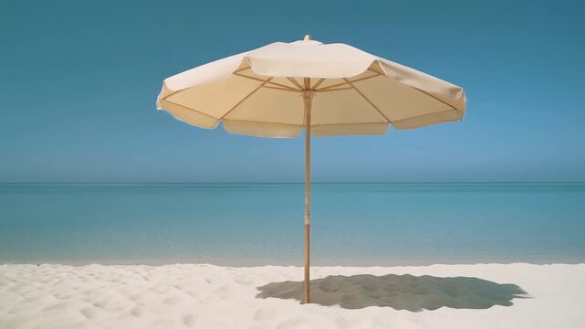 Elegant Cream Beach Parasol on White Sand Overlooking Calm Turquoise Ocean, Sunny Summer Vacation Motion Background Full HD