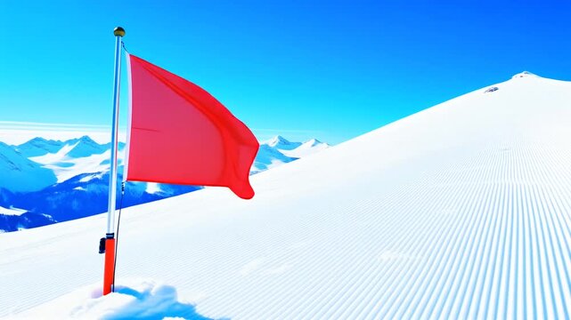 Red Safety Marker Flag Fluttering on Snowy Ski Slope with Mountain Peaks Under Blue Sky, Winter Resort Full HD