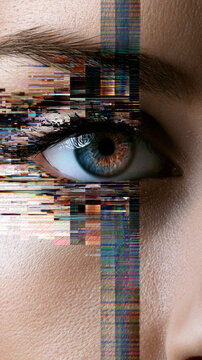Human eye experiencing digital glitch and distortion, symbolizing data corruption, technological interference, artificial intelligence, and a blurred reality