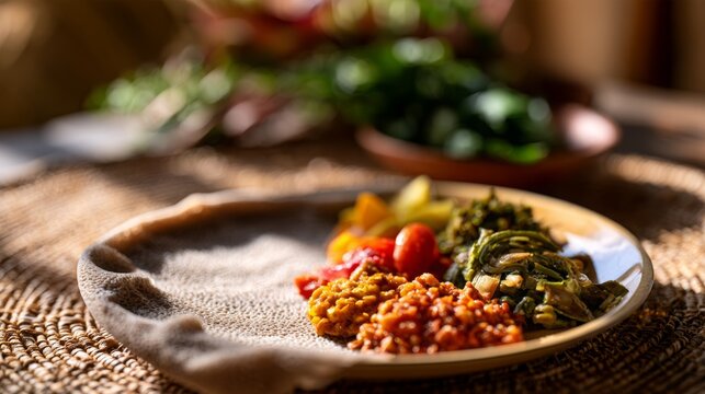 Ethiopian injera flatbread served with various traditional vegan stews and vegetables, showcasing authentic east african cuisine and healthy cultural dining