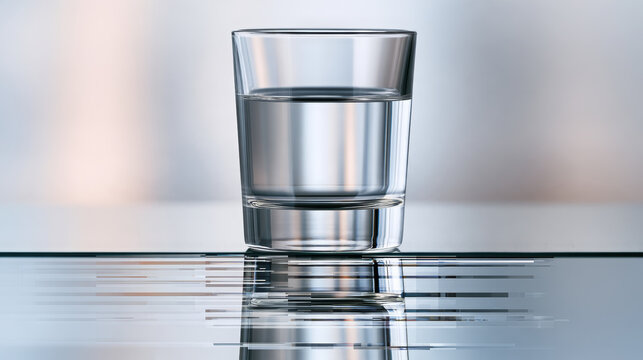 Glass of water half full reflecting on a clear surface, symbolizing optimism, balance, choice, and different perspectives on quantity or fulfillment