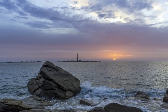 View to the lighthouse on I'lle Vierge at dusk, Plouguerneau, D&eacute;partement Finist&egrave;re, France