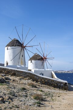 Windmills by the sea, Mykonos, Cyclades, Aegean Sea, Greece