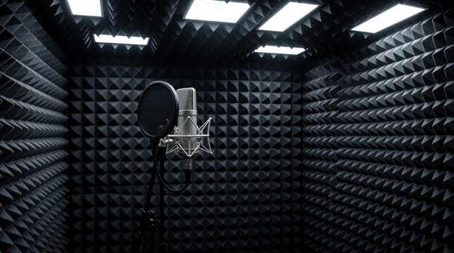 Pro studio booth with condenser microphone, pop filter for vocal recording. Soundproof room features acoustic foam panels on walls, ceiling. Empty space ready for podcast production, music creation,