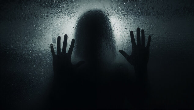 Creepy silhouette of a person behind wet glass with hands pressed against the window in a dark moody atmosphere