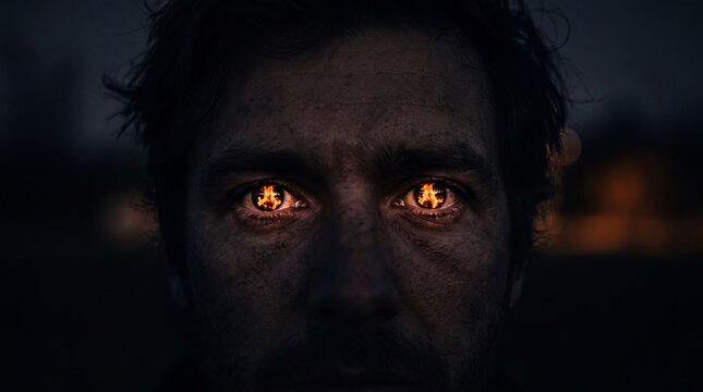 Intense man portrait featuring burning fire eyes and dark mood