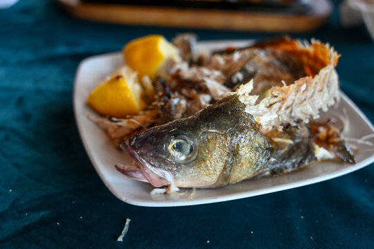Head and skeletal remains of a grilled whole fish served on a white plate with lemon wedges. Eaten grilled fish skeleton and head. Close-up of a finished meal showing the fish bones.