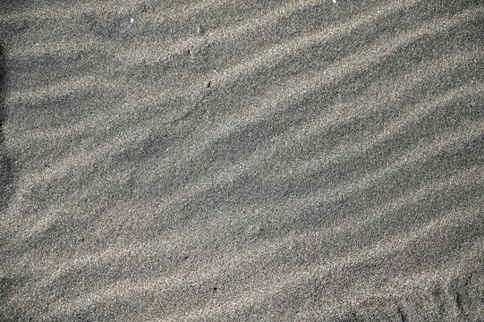Wind-blown ripples and mineral segregation patterns on fine beach sand in desert. Close-up of wind ripples on coastal sand.