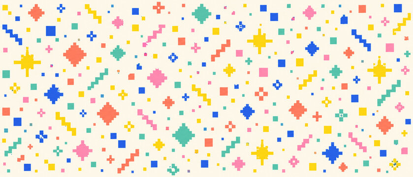 Pixel art geometric pattern with colorful squares stars and zigzags