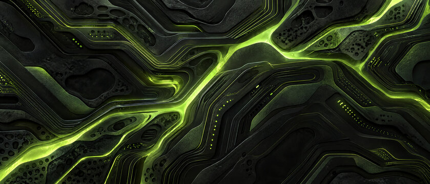 Abstract dark technology background with glowing green circuit lines