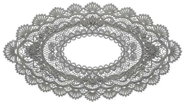 Oval vintage crochet lace doily frame with floral filigree pattern on white