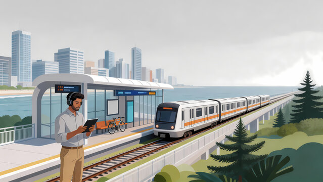 Urban commuter with tablet on elevated train platform overlooking coastal city skyline