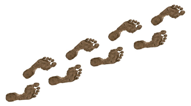 Diagonal pattern of barefoot human footprints made of wet brown mud, isolated on white