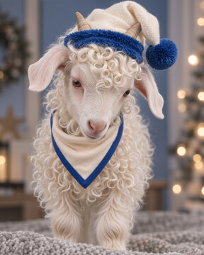 Portrait of white goat wearing winter hat and scarf. Holiday animal photography with Christmas lights background.