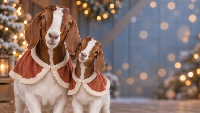 Two goats wearing festive red cloaks standing in front of Christmas tree and lights. Winter holiday concept with copy space