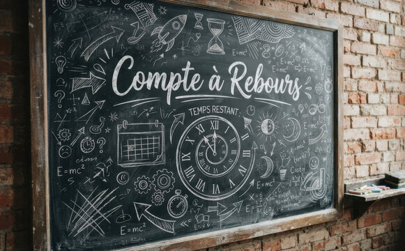 Compte a Rebours tableau noir craie education temps echeance designe illustration