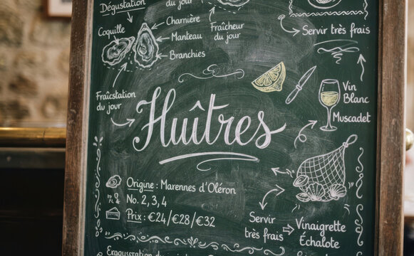 Huitres tableau noir ardoise restaurant fruits de mer gastronomie menu ecriture