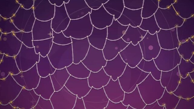 Abstract background with repeating scalloped line pattern and glowing golden sparkles on purple.