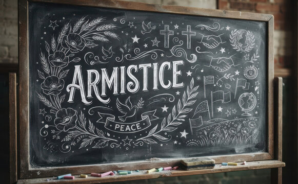 ARMISTICE - Tableau noir avec craie repr&eacute;sentant la paix, la fin de la guerre et le souvenir militaire