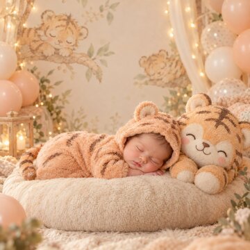 Newborn baby sleeping in tiger costume with plush toy for birthday