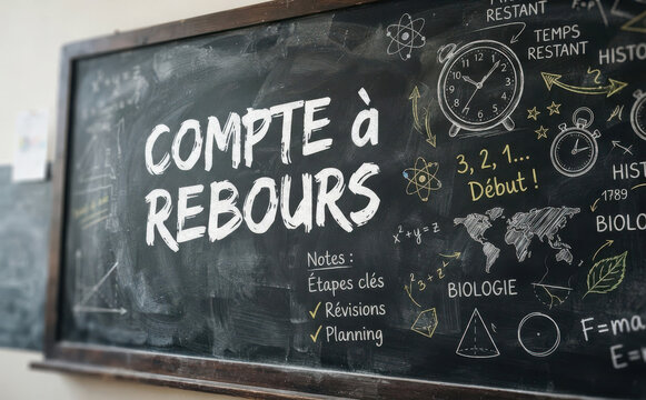 Compte a rebours sur tableau noir pour preparation et revision d examen scolaire