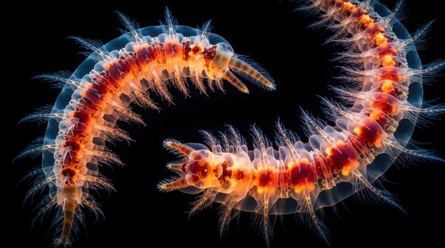 Bioluminescent marine bristle worm glows against black background. Two glowing polychaete worms show detailed anatomy with translucent bodies, red internal organs. Deep sea invertebrate swims in dark