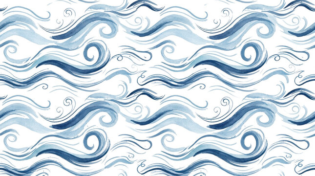 Seamless blue watercolor wave pattern with curly grunge lines on white background