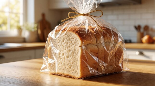 Fresh sliced white bread in clear plastic bag tied with string. Loaf sits on wooden table in bright kitchen. Healthy bakery product ready for breakfast sandwich making. Simple food staple for daily