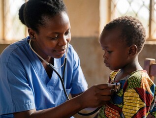 Obraz na płótnie Canvas African female nurse uses stethoscope to check young girl health in Kenya clinic. Pediatric doctor examines small child patient during medical checkup. Black healthcare worker provides healthcare