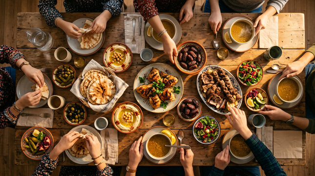 Traditional middle eastern holiday celebration dinner feast layout ceramic bowls plates filled fresh food family members hands holding cutlery wooden table sunset golden hour menu design photo