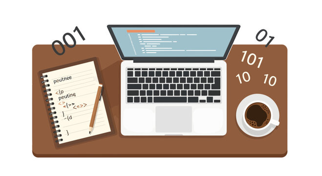 Top View Flat Vector Illustration of a Coding Workspace with Laptop, Notebook, Coffee, and Binary Code