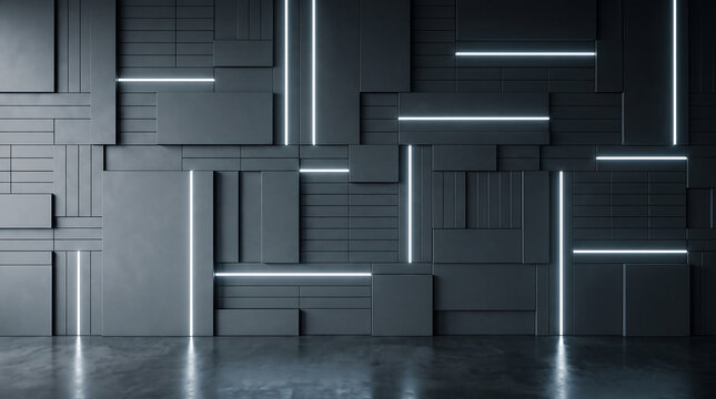 Modern dark interior wall with geometric panels and glowing linear LED neon lights